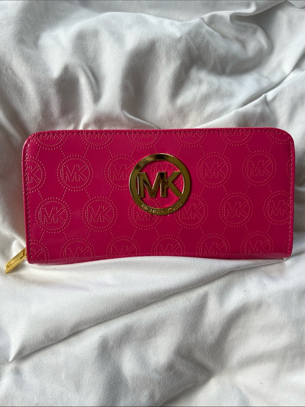 Michael Kors Hot Pink Embossed MK Zip Wallet with Gold Logo
